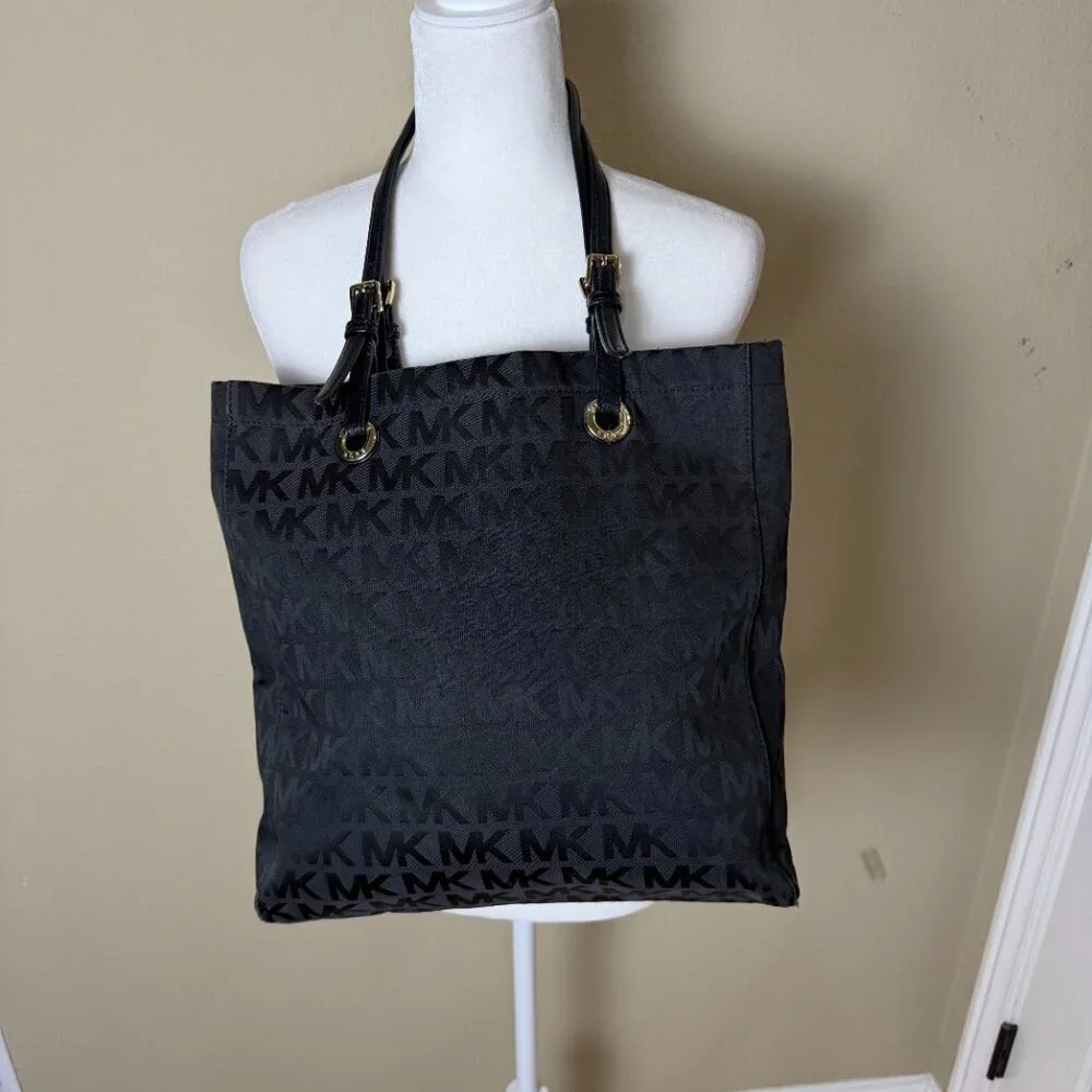 Michael Kors Black Leather Monogram Jet Set Grab Shoulder Tote Bag